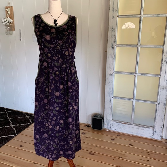 Vintage Dresses & Skirts - Vintage cotton fine corduroy purple & green flower dress